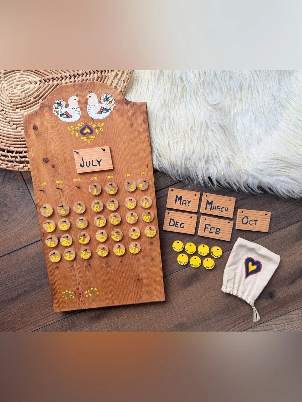 Vintage Wooden Handmade Perpetual Calendar Chickens/Hens 80s 90s Grandma Core